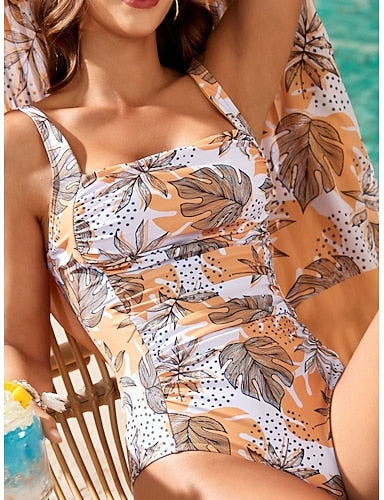 One Piece Swimsuit Slimming Ruched Palm Monokini Tummy Control High Waist Slim Backless Vacation Beach Wear Scoop Neck Sleeveless Bathing Suits