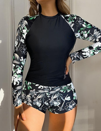 Rash Guard Bathing Suit 2 Pieces Tropical Zip Up Ultra Light (ul) Uv Protection Elastic Long Sleeve Swimwear Surfing Snorkeling Spring