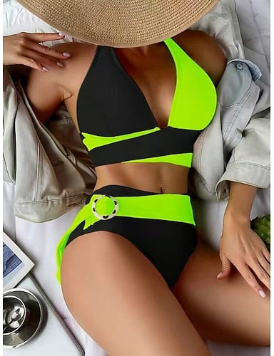 Swimwear Bikini 2 Piece Cheeky Swimsuit Slim Backless Vacation Beach Wear Color Block V Neck Sleeveless Bathing Suits