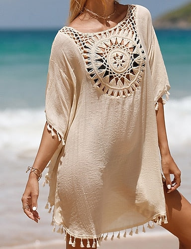 Swimwear Cover Up Swim Dress Swimsuit Crochet Vacation Beach Wear Color Round Neck Short Sleeves Bathing Suits