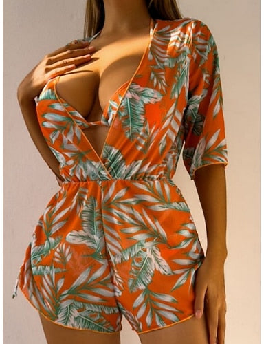Bikini 3 Piece Swimsuit Palm Cheeky Slim Backless Vacation Beach Wear Color Block V Neck Sleeveless Long Sleeve Bathing Suits