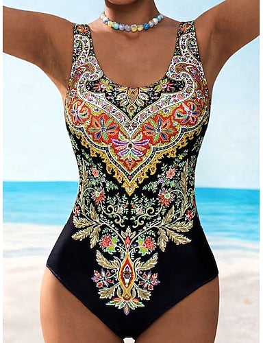 Swimwear One Piece Monokini Briefs Swimsuit Tummy Control High Waist Slim Backless Vacation Graphic U Neck Sleeveless Bathing Suits