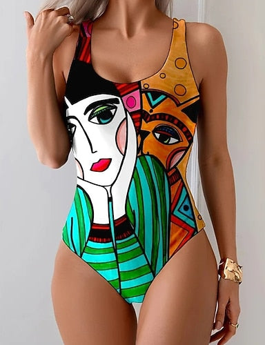 One Piece Swimsuit Slimming Monokini Briefs Tummy Control High Waist Slim Backless Vacation Ombre Graphic U Neck Sleeveless Bathing Suits