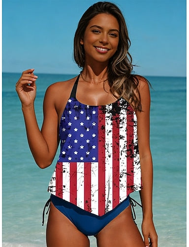 American Independence Day Swimwear Tankini 2 Piece Briefs Swimsuit Backless Vacation Beach Wear Flag Halter Neck Sleeveless Bathing Suits