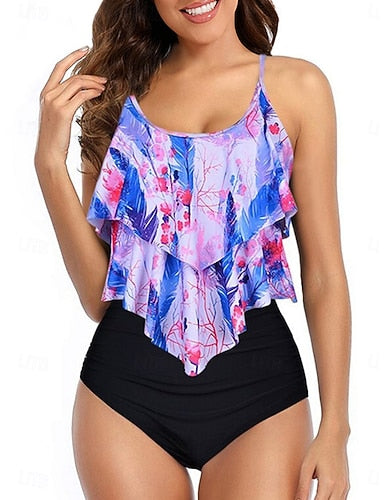 Tankini 2 Piece Swimsuit Briefs Tummy Control High Waist Slim Backless Vacation Beach Wear Scoop Neck Sleeveless Bathing Suits