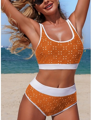 Swimwear Bikini 2 Piece High Waist Swimsuit Slim Backless Vacation Beach Wear Color Polka Dot Scoop Neck Sleeveless Bathing Suits