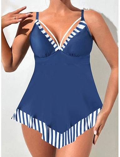 Tankini 2 Piece Swimsuit Cheeky Tummy Control High Waist Slim Backless Vacation Beach Wear Graphic Color Block V Neck Sleeveless Bathing Suits