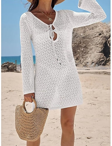 Swimwear Cover Up Swim Dress Dress Swimsuit Cutout Vacation Beach Wear Plain V Neck Long Sleeve Bathing Suits