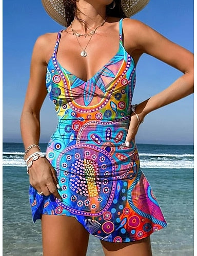 Swimwear One Piece Skirt Swimsuit Vacation Graphic Geometric V Neck Sleeveless Bathing Suits