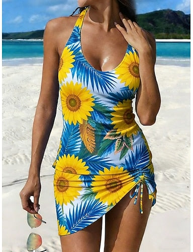 Swimwear Tankini 2 Piece Skirt Swimsuit Drawstring Halter Vacation Leaves Scoop Neck Sleeveless Bathing Suits