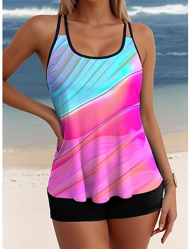 Tankini 2 Piece Swimsuit Boy Leg Backless Vacation Beach Wear Ombre U Neck Sleeveless Bathing Suits