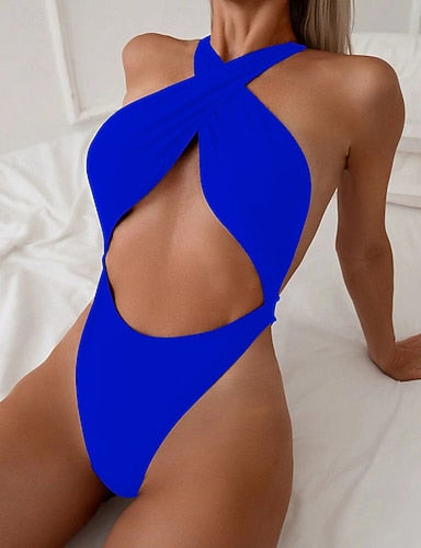 Swimwear One Piece Bikini Shorts Swimsuit Backless Vacation Beach Wear Color Round Neck Sleeveless Bathing Suits
