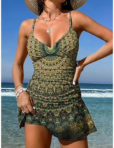 Swimwear One Piece Skirt Swimsuit Vacation Graphic Geometric V Neck Sleeveless Bathing Suits