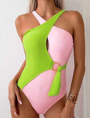 One Piece Swimsuit Cut Out Swimwear Patchwork Swimwear Pink Blue Breathable Quick Dry Lightweight Sleeveless - Swimming Surfing Beach Summer Spring