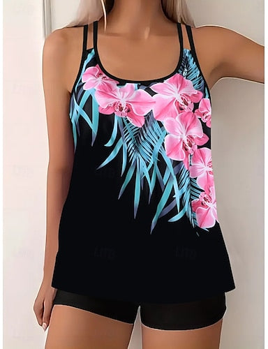 Tankini 2 Piece Swimsuit Palm Shorts Tummy Control High Waist Slim Backless Vacation Beach Wear Ombre Geometic U Neck Sleeveless Bathing Suits