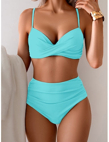 Bikini 2 Piece Swimsuit Ruched Cheeky Tummy Control High Waist Slim Backless Vacation Beach Wear Color V Neck Sleeveless Bathing Suits