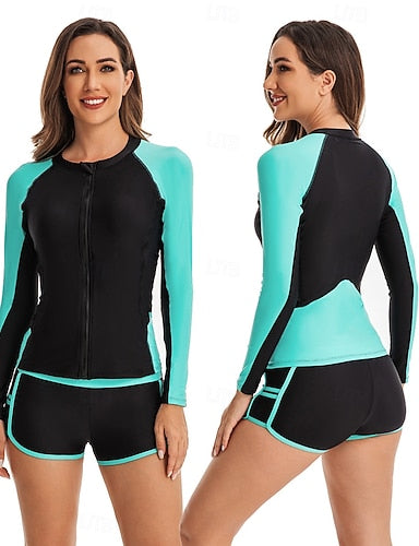 Rash Guard Swimsuit Patchwork Printed 2 Piece Front Zip Spandex Uv Sun Protection Upf50+ Quick Dry Long Sleeve Swimwear Swimsuit Surfing Beach Water Sports Summer