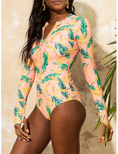 Swimwear One Piece Monokini Swimsuit Tummy Control High Waist Slim Backless Vacation Beach Wear Color Tropical Round Neck Long Sleeve Bathing Suits