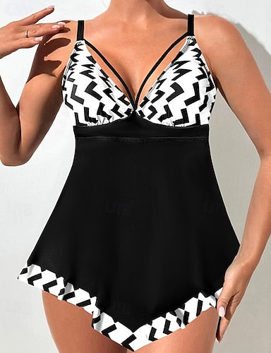 Tankini Two Piece Swimsuit V Neck Swimwear Swimwear Black / White White Breathable Quick Dry Lightweight Sleeveless - Swimming Surfing Beach Summer Spring