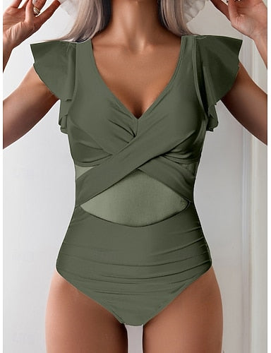 Swimwear One Piece High Cut Swimsuit Patchwork Backless Vacation Beach Wear Plain V Neck Sleeveless Bathing Suits