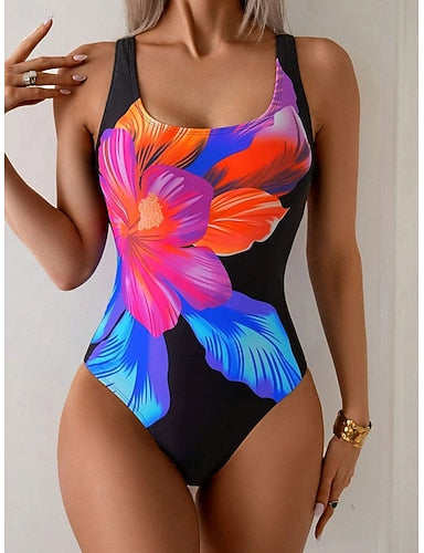 One Piece Swimsuit Slimming Monokini High Cut Tummy Control High Waist Slim Backless Vacation Graphic U Neck Sleeveless Bathing Suits