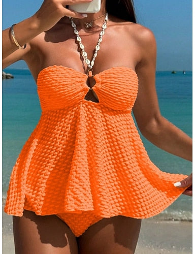 Tankini 2 Piece Swimsuit Underwire Cheeky Tummy Control High Waist Slim Strapless Backless Vacation Beach Wear Halter Neck Sleeveless Bathing Suits
