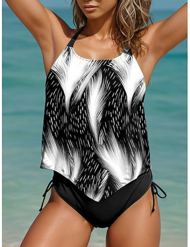 Tankini 2 Piece Swimsuit Cheeky Backless Vacation Beach Wear Ombre Graphic U Neck Sleeveless Bathing Suits