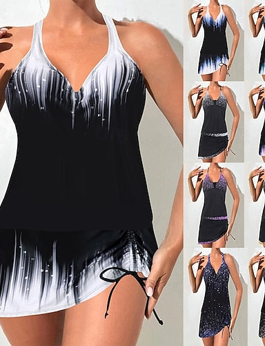 Tankini 2 Piece Swimsuit Skirt Tummy Control High Waist Slim Backless Vacation Beach Wear Ombre Halter Neck Sleeveless Bathing Suits