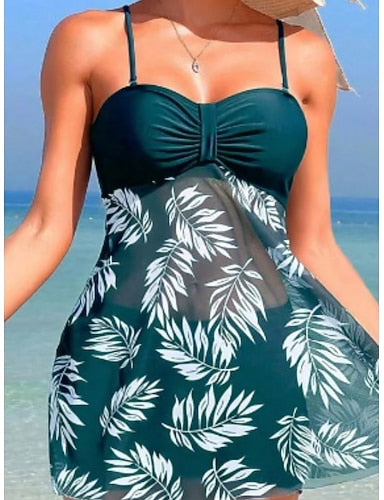 Tankini 2 Piece Swimsuit Cutout Underwire Palm Briefs Tummy Control High Waist Slim Backless Vacation Beach Wear Leaves V Neck Sleeveless Bathing Suits