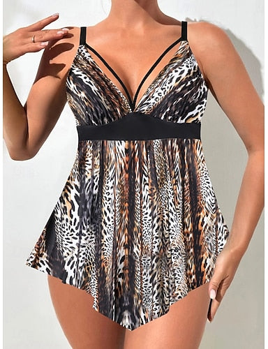 Tankini 2 Piece Swimsuit Cheeky Tummy Control High Waist Slim Backless Vacation Beach Wear Graphic Color Block V Neck Sleeveless Bathing Suits