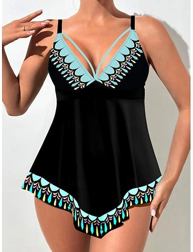 Tankini 2 Piece Swimsuit Cheeky Tummy Control High Waist Slim Backless Vacation Beach Wear Graphic Color Block V Neck Sleeveless Bathing Suits