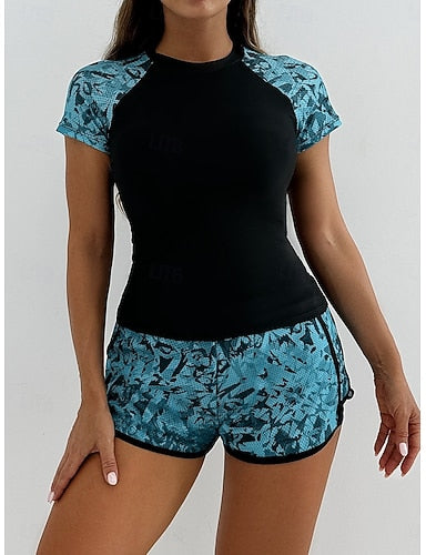 Tankini 2 Piece Swimsuit Palm Shorts Tummy Control High Waist Slim Backless Vacation Beach Wear Leaves Round Neck Short Sleeves Bathing Suits