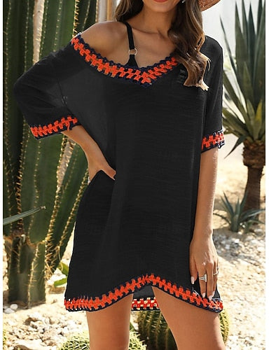Beach Dresses Oversized Beach Wear Holiday Short Sleeves Black White Navy Blue Color