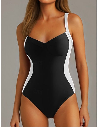 One Piece Swimsuit Slimming Colorblock Monokini Tummy Control High Waist Slim Backless Vacation Beach Wear Color Block V Neck Sleeveless Bathing Suits