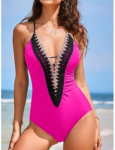 One Piece Swimsuit Slimming Ruched Cutout Monokini Tummy Control High Waist Slim Backless Vacation Beach Wear Color V Neck Sleeveless Bathing Suits