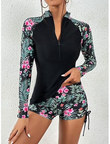 Tankini 2 Piece Swimsuit Shorts Tummy Control High Waist Slim Backless Vacation Beach Wear Leaves High Neck Long Sleeve Bathing Suits