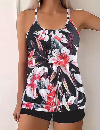 Swimwear 2 Piece Shorts Swimsuit Backless Vacation Beach Wear U Neck Sleeveless Bathing Suits