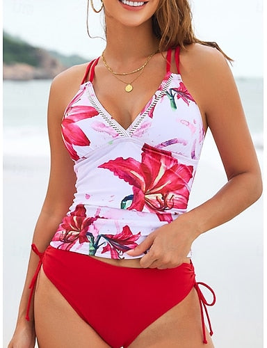 Swimwear Tankini 2 Piece Cheeky Swimsuit Tummy Control High Waist Slim Backless Vacation Beach Wear V Neck Sleeveless Bathing Suits