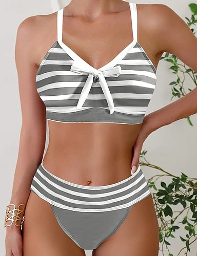 Swimwear 2 Piece Cheeky Swimsuit Backless Vacation Beach Wear Stripe Striped V Neck Sleeveless Bathing Suits