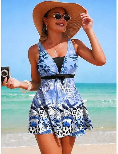 Tankini 2 Piece Swimsuit With Skirt Skirt Tie Front Vacation Beach Wear Graphic V Neck Sleeveless Bathing Suits