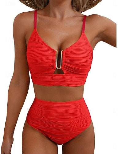Swimwear Bikini 2 Piece High Waist Swimsuit Ruched Backless Vacation Beach Wear Plain V Neck Sleeveless Bathing Suits