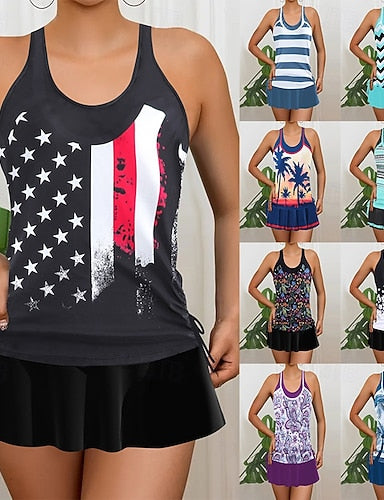 Independence Day Patrioticwomen's Tankini 2 Piece Swimsuit Skirt Tummy Control High Waist Slim Backless Vacation Beach Wear Flag Stripe U Neck Sleeveless Bathing Suits