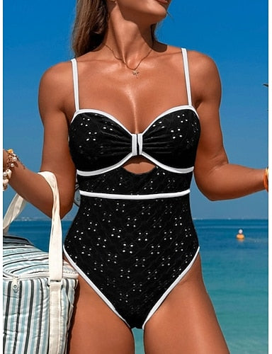 One Piece Swimsuit Cutout Monokini High Cut Tummy Control High Waist Slim Backless Vacation Beach Wear Graphic V Neck Sleeveless Bathing Suits
