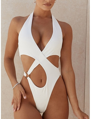 Swimwear One Piece Monokini Swimsuit Cutout Tummy Control High Waist Slim Backless Vacation Beach Wear Color Halter Neck Sleeveless Bathing Suits