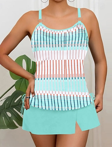 Swimwear 2 Piece Skirt Swimsuit Backless Vacation Beach Wear Striped Round Neck Sleeveless Bathing Suits