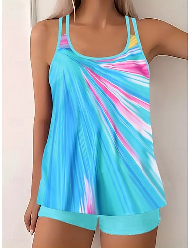 Tankini 2 Piece Swimsuit Palm Shorts Tummy Control High Waist Slim Backless Vacation Beach Wear Ombre Geometic U Neck Sleeveless Bathing Suits