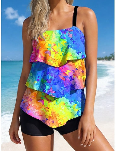 Tankini 2 Piece Swimsuit High Waist Ruffle Layered Backless Vacation Beach Wear Ombre Graphic U Neck Sleeveless Bathing Suits