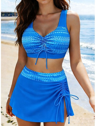 Swimwear Bikini 2 Piece Skirt Swimsuit Tummy Control High Waist Slim Backless Vacation Graphic Polka Dot Scoop Neck Sleeveless Bathing Suits