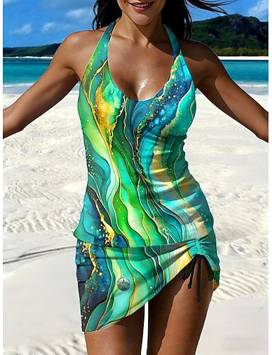 Swimwear Tankini Skirt Swimsuit Vacation Graphic Geometric Halter Neck Sleeveless Bathing Suits