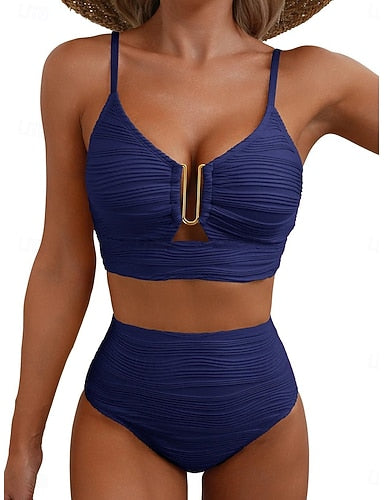 Swimwear Bikini 2 Piece High Waist Swimsuit Ruched Backless Vacation Beach Wear Plain V Neck Sleeveless Bathing Suits